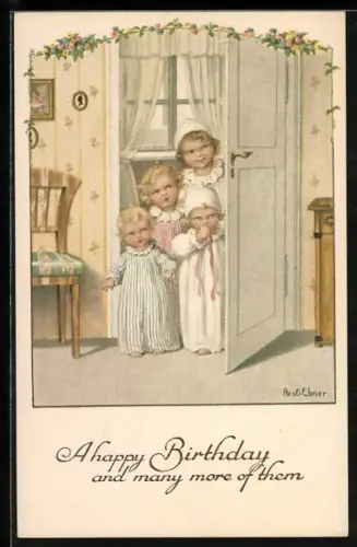 Künstler-AK Pauli Ebner: Vier Kinder stehen in der Tür, Geburtstagsgruss