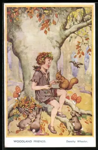 Künstler-AK sign. Dorothy Wheeler: Knabe füttert Eichhörnchen und Hasen unter einem Baum