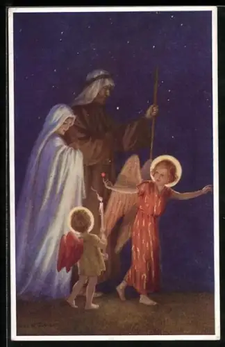 Künstler-AK Margaret W. Tarrant: Maria und Josef wird der Weg mit Engeln geleitet