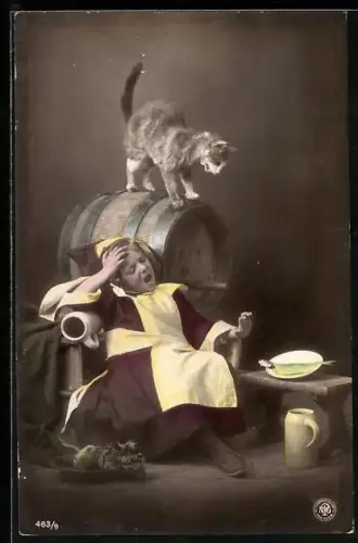 Foto-AK NPG Nr. 463 /9: Münchner Kindl mit Katze am Bierfass