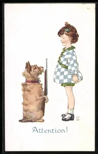 AK Attention!, Hund mit Gewehr und Kind