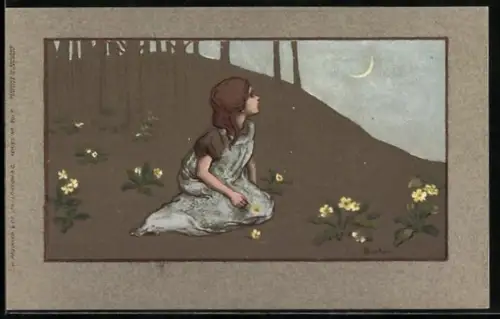 Künstler-AK S. Barham: Mädchen bei nächtlichem Blumenpflücken