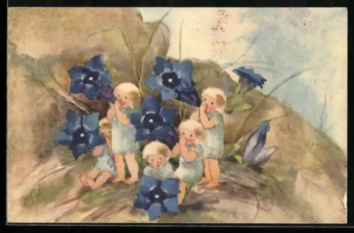 Künstler-AK Milli Weber: Kinder nutzen Blauen Enzian als Megafon