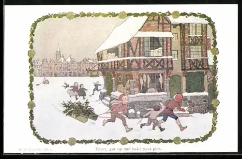 Künstler-AK Henriette Willebeek le Mair: Kinder rennen mit einem Schlitten um das Haus