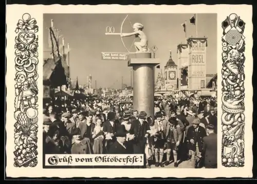 AK München, Oktoberfest, Gasthaus Brau-Rosl und Denkmal