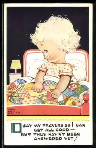 Künstler-AK M.L. Attwell: Mädchen beweint im Bett die Feststellung, dass ihre Gebete nicht erhört werden