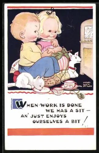 Künstler-AK Mabel Lucie Attwell: Kinder sitzen mit Strickzeug und Haustieren vor dem Fernseher