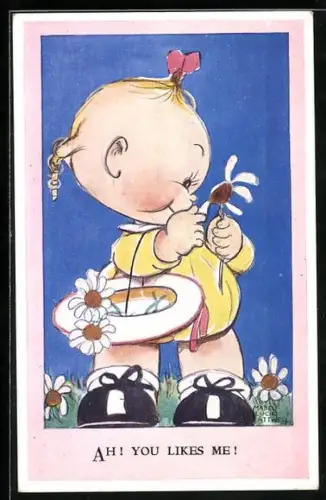 Künstler-AK M.L. Attwell: kleines Mädchen zupft Matgaritenblätter ab