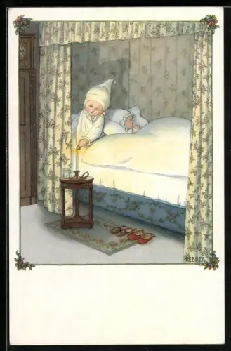 Künstler-AK Pauli Ebner: zwei Kinder begeben sich zu Bett & löschen das Licht