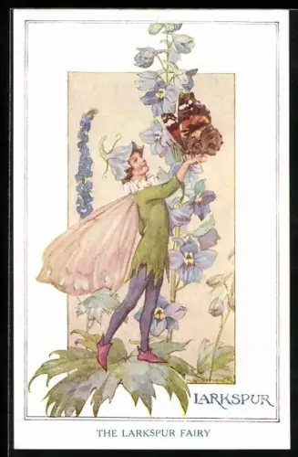 Künstler-AK Margaret W. Tarrant: Kobold hält einen Schmetterling auf der Hand, The Larkspur Fairy