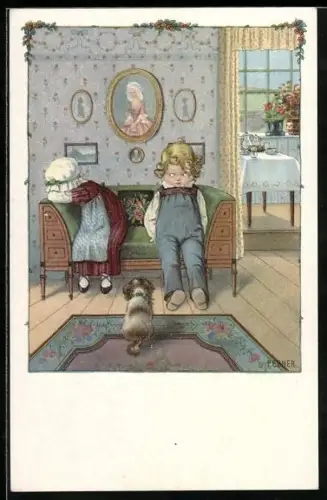 Künstler-AK Pauli Ebner: weinendes Mädchen nach Streit mit einem Jungen