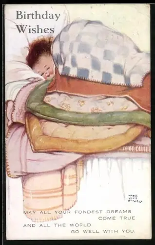 Künstler-AK Mabel Lucie Attwell: Kind mit mehreren Decken im Bett, Geburtstagsgruss