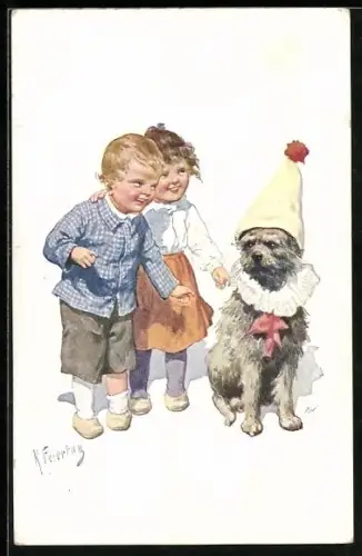 Künstler-AK Karl Feiertag: Rie!!...Paillasse!!, Junge und Mädchen mit als Harlekin verkleidetem Hund