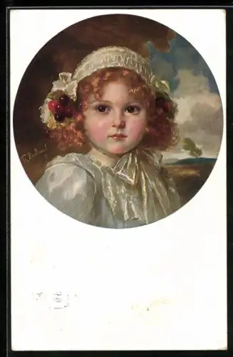 Künstler-AK sign. Th. Recknagl: Mädchen im Kleid mit Kirschen im Haar