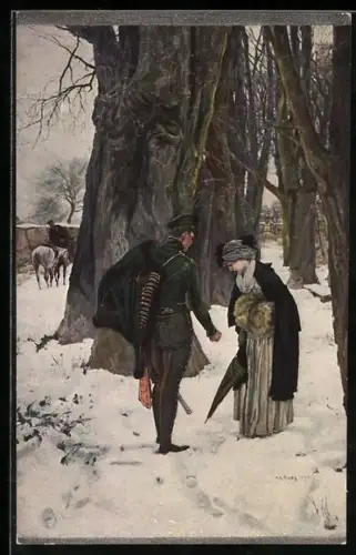 Künstler-AK Soldat der Kavallerie neben Dame im Schnee