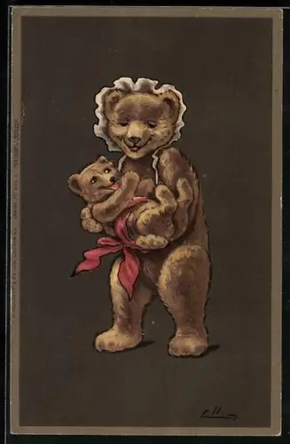 Künstler-AK sign. Ellam: Teddymutter mit Kind auf dem Arm