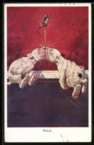 Künstler-AK George Ernest Studdy: Hund Bonzo und sein Kamerad prallen aufeinander, die Maus kann fliehen