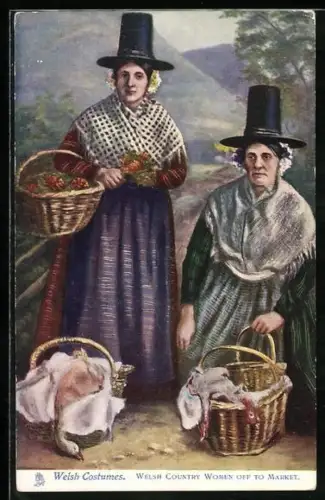 AK Zwei alte walisische Frauen in volkstypischen Trachten gehen zum Markt