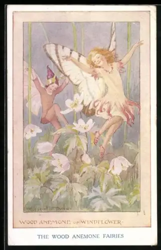 Künstler-AK Margaret W. Tarrant: Fabelwesen hüpfen zwischen den Blumen, Wood Anemone or Windflower