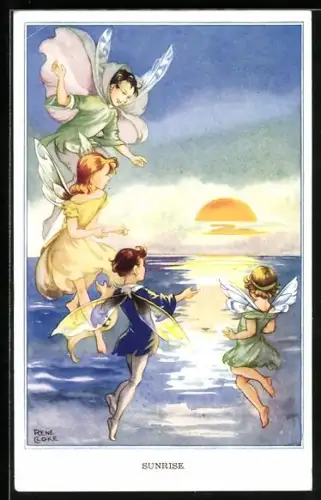 Künstler-AK Rene Cloke: Sunrise, Elfen begrüssen die aufgehende Sonne