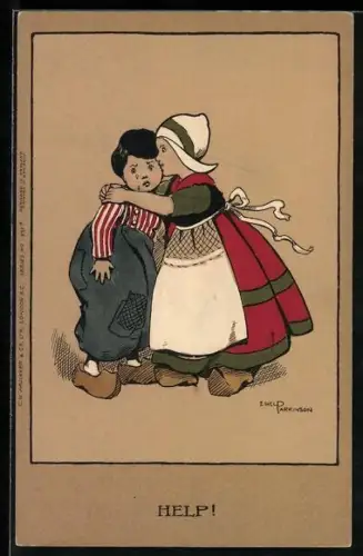 Künstler-AK Ethel Parkinson: Holländisches Mädchen in Holzschuhen umarmt einen Jungen