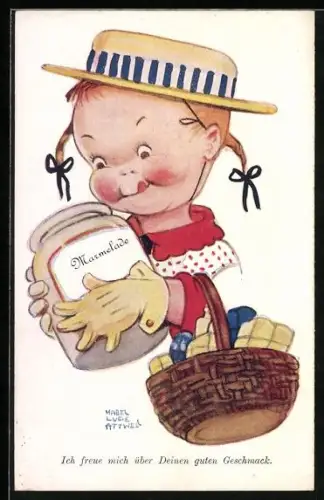 Künstler-AK Mabel Lucie Attwell: The more I think of you..., Kind mit Marmelade