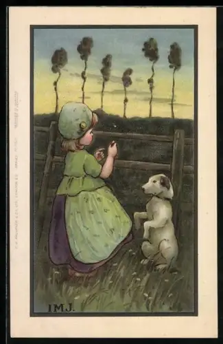 Künstler-AK I.M.J.: Mädchen mit Hund