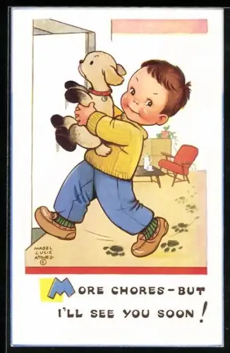 Künstler-AK Mabel Lucie Attwell: More chores, But I`ll see you soon!, Kleiner Junge mit seinem Hund