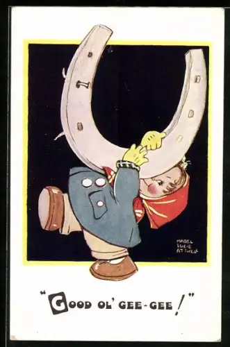 Künstler-AK Mabel Lucie Attwell: Mädchen trägt ein riesiges Hufeisen in den Händen