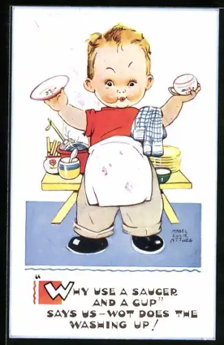Künstler-AK Mabel Lucie Attwell: Fleissiger Junge macht den Abwasch