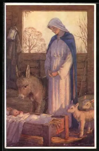 Künstler-AK Margaret W. Tarrant: Joy of Heaven, Maria betrachtet das Jesuskind in der Krippe