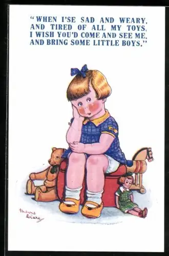 Künstler-AK Junges Mädchen sitzt traurig zwischen ihren Spielzeug