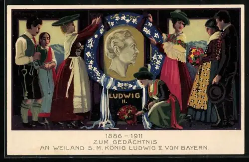Künstler-AK Bayern in Tracht gedenken S.M. König Ludwig II. von Bayern