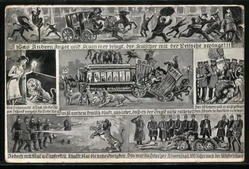 AK Leipzig, Strassenbahn, Menschen fliehen vor einem Löwen, Löwenjagdt, Löwen brechen aus