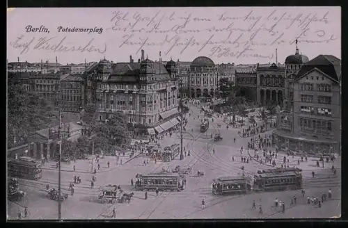 AK Berlin, Blick auf dem Potsdamerplatz aus der Vogelschau, Strassenbahnen