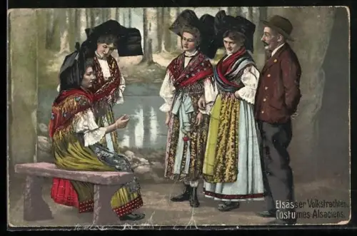 AK Vier Frauen und ein Mann in Elsässer Volkstrachten