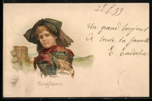 Lithographie Junge Elsässerin in Tracht vor Landschaft mit Burg