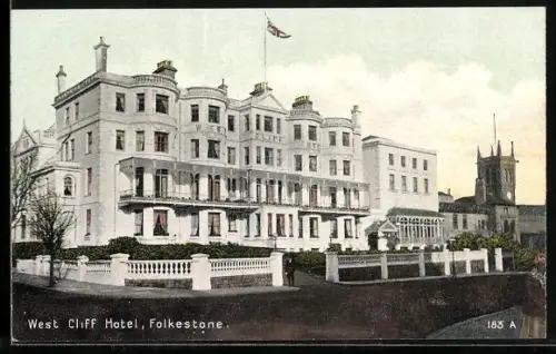 AK Folkestone, West Cliff Hotel with a Union Jack flying on top