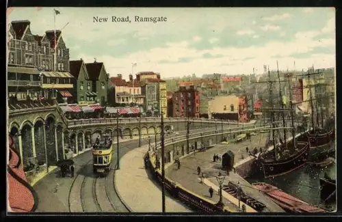 AK Ramsgate, New Road with a tram and anchoring ships