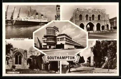 AK Southampton, Ocean Terminal, The Queen Elizabeth in Ocean Dock, Mayflower Monument