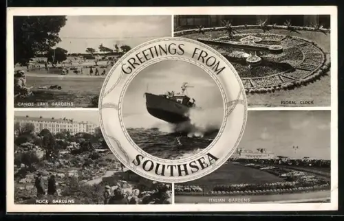 AK Southsea, Floral Clock, Canoe Lake Gardens, Italian Gardens, Speed Boat