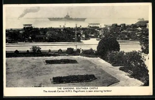 AK Southsea, The Gardens, The Aircraft Carrier H.M.S. Magnificent is seen entering Harbour