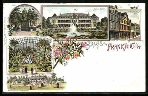 Lithographie Alt-Frankfurt, Goethe`s Geburtshaus, Palmen-Garten