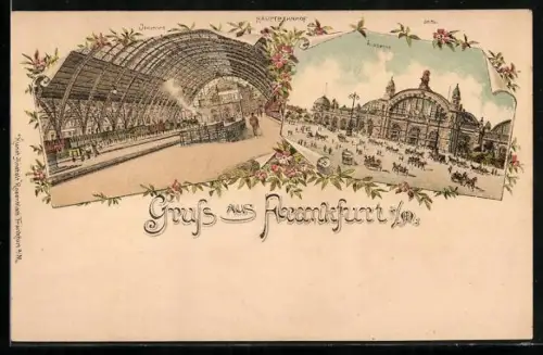 Lithographie Frankfurt a. M., Hauptbahnhof, Innen- und Aussenansicht