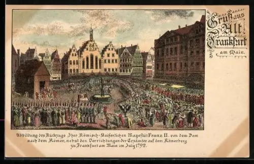 Lithographie Alt-Frankfurt, Rückzug von Franz II. von dem Dom nach dem Römer 1792