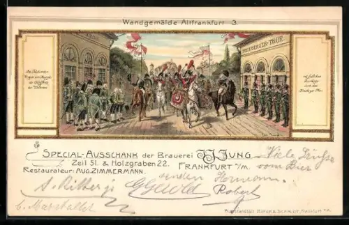 Lithographie Frankfurt /Main, Gasthaus Special-Ausschank der Brauerei J. J. Jung, Zeil 51, Gemälde: Geleitsreiter