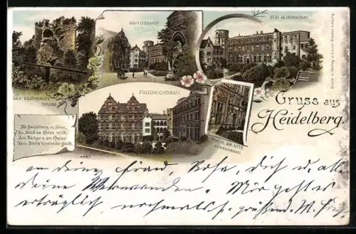 Lithographie Heidelberg, Schlosshof, Friedrichsbau, Otto Heinrichsbau mit Portal, Turmruine