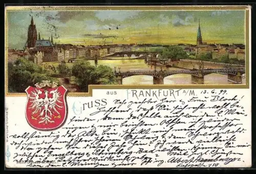 Lithographie Alt-Frankfurt, Stadtansicht mit Dom, Brücke und Wappen