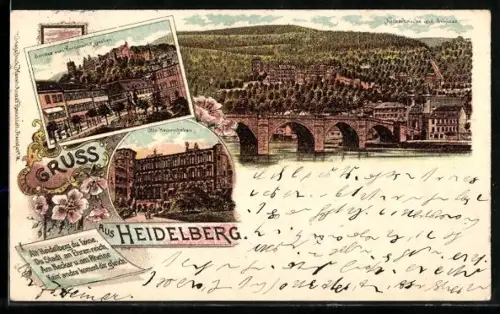 Lithographie Heidelberg, Schloss, Alte Brücke, Otto Heinrichsbau