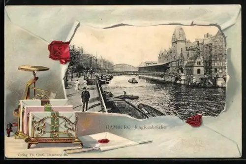 AK Hamburg, Jungfernbrücke mit Briefen im Passepartout
